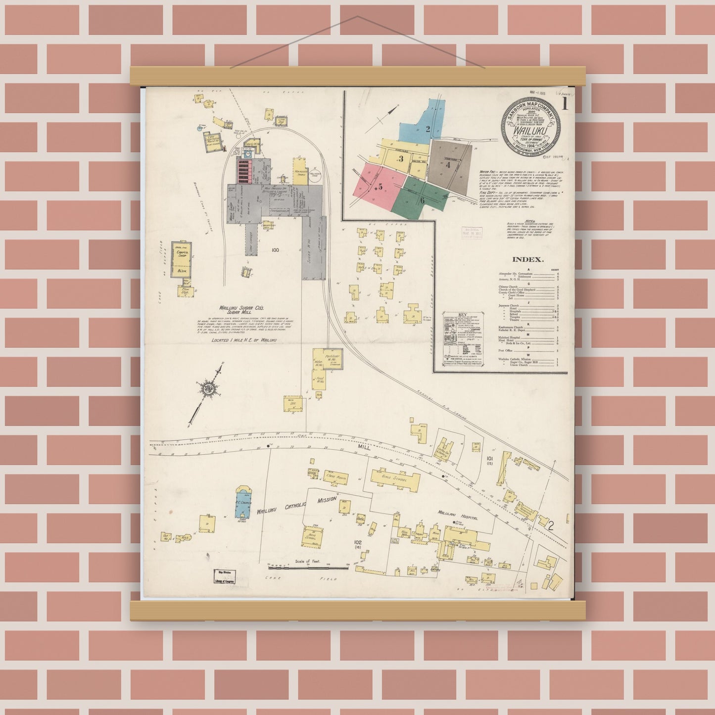 Old map wall art mockup — magnetic wood frame on brick wall — Sanborn Fire Insurance Map from Wailuku, Maui County, Hawaii (1914), Sheet #0001