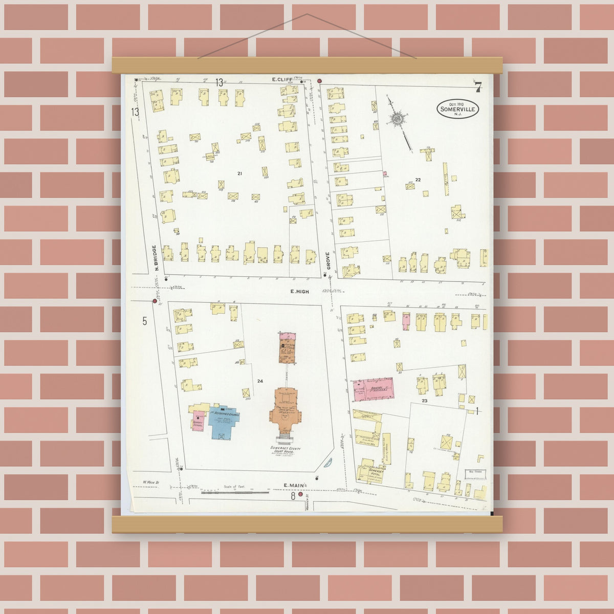 Old map wall art mockup — magnetic wood frame on brick wall — Sanborn Fire Insurance Map from Somerville, Somerset County, New Jersey (1910), Sheet #0007