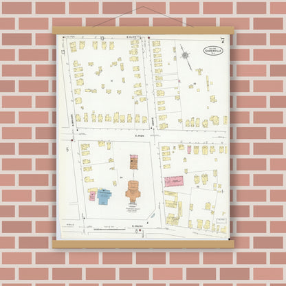 Old map wall art mockup — magnetic wood frame on brick wall — Sanborn Fire Insurance Map from Somerville, Somerset County, New Jersey (1910), Sheet #0007