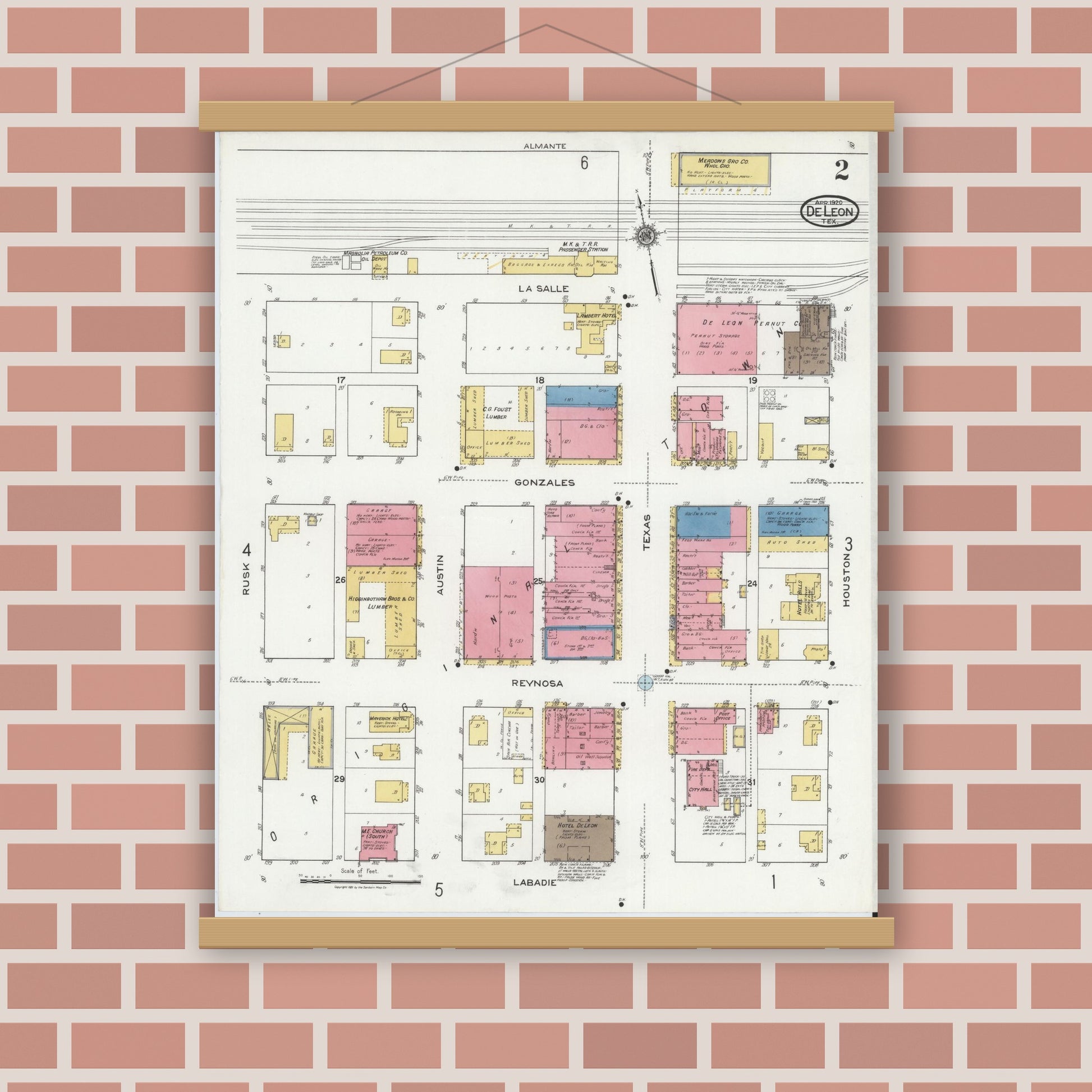 Old map wall art mockup — magnetic wood frame on brick wall — Sanborn Fire Insurance Map from De Leon, Comanche County, Texas (1920), Sheet #0002