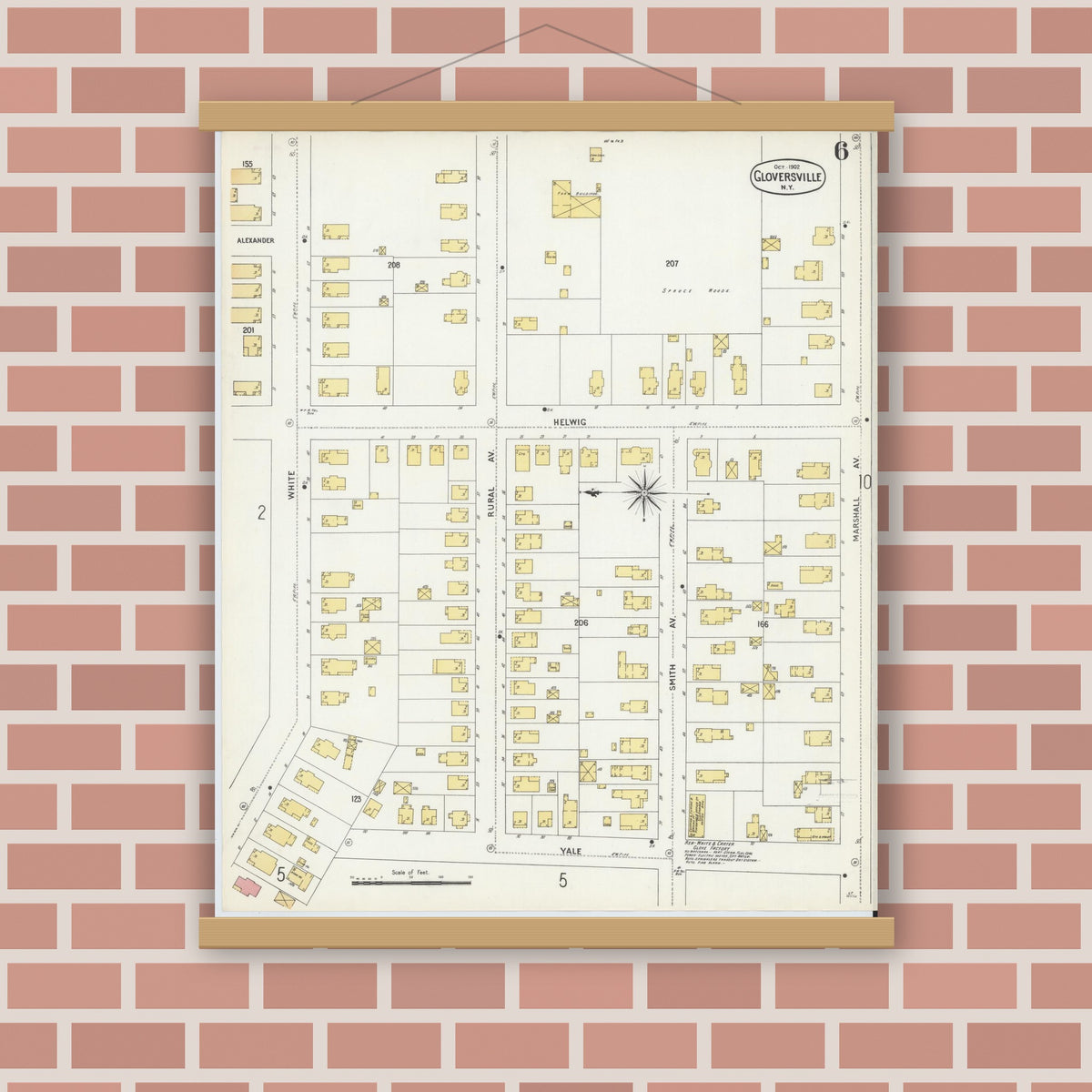 Old map wall art mockup — magnetic wood frame on brick wall — Sanborn Fire Insurance Map from Gloversville, Fulton County, New York (1902), Sheet #0006
