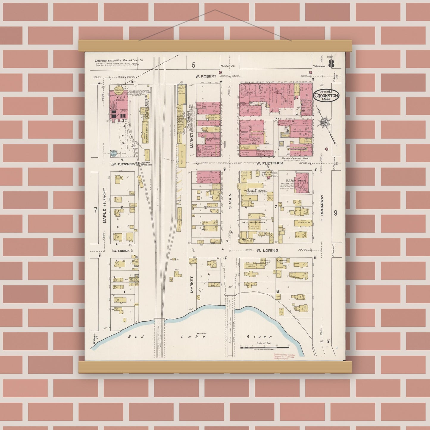 Old map wall art mockup — magnetic wood frame on brick wall — Sanborn Fire Insurance Map from Crookston, Polk County, Minnesota (1922), Sheet #0008