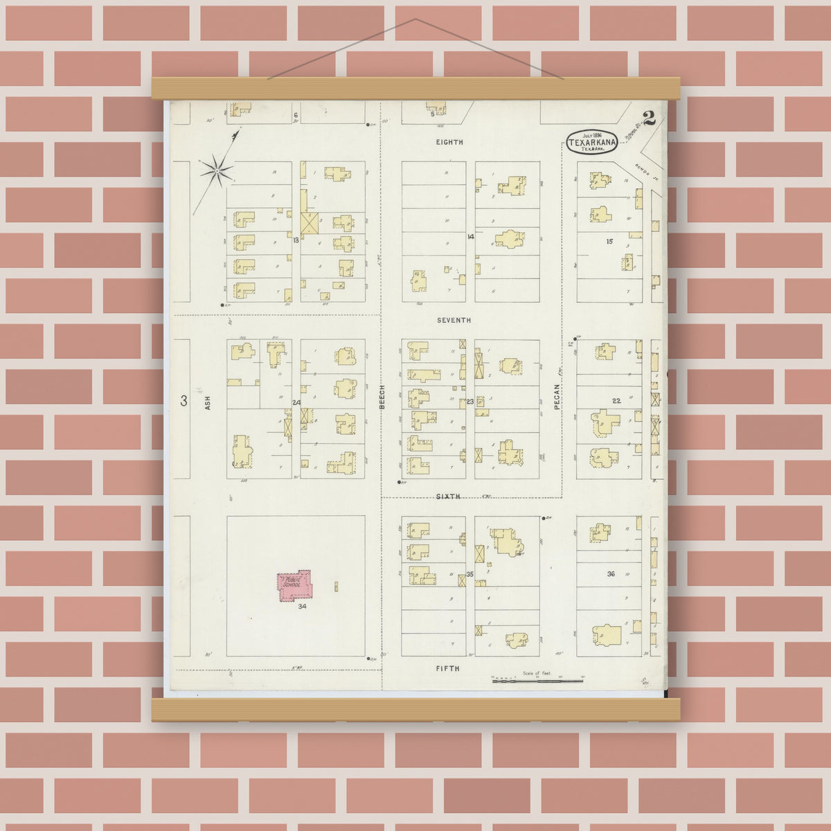 Old map wall art mockup — magnetic wood frame on brick wall — Sanborn Fire Insurance Map from Texarkana, Bowie County, Texas (1896), Sheet #0002