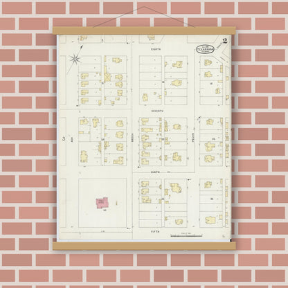 Old map wall art mockup — magnetic wood frame on brick wall — Sanborn Fire Insurance Map from Texarkana, Bowie County, Texas (1896), Sheet #0002