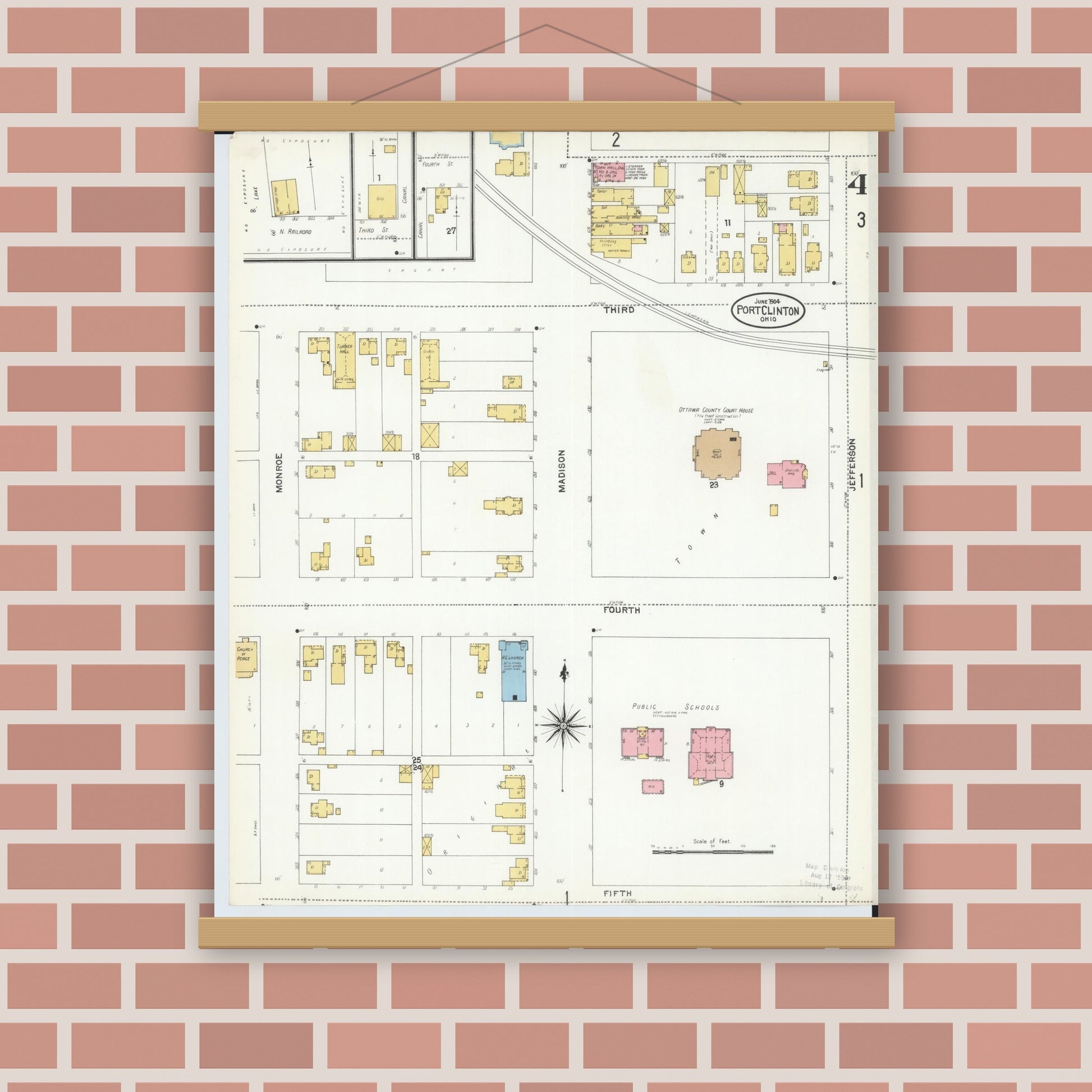 Old map wall art mockup — magnetic wood frame on brick wall — Sanborn Fire Insurance Map from Port Clinton, Ottawa County, Ohio (1904), Sheet #0004