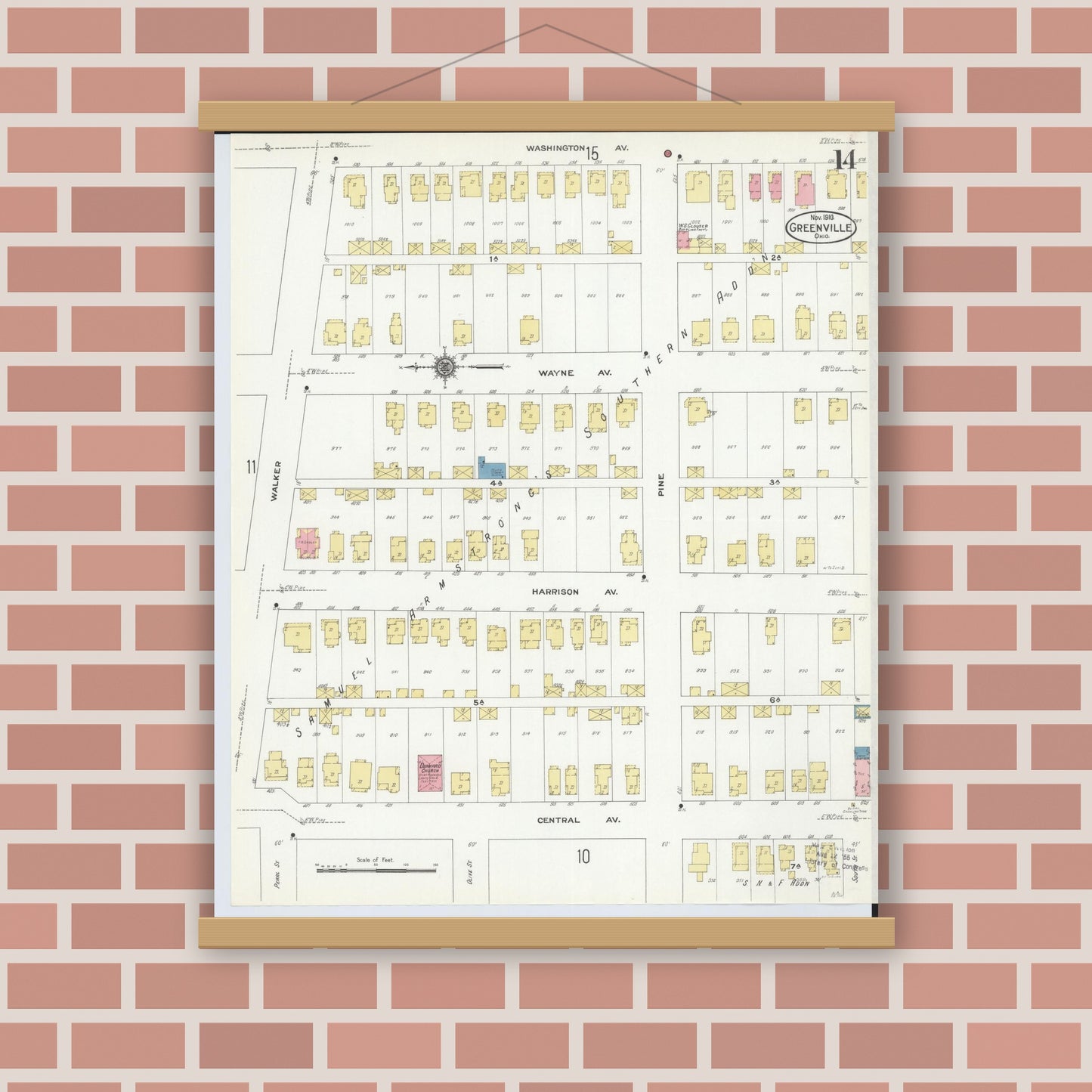 Old map wall art mockup — magnetic wood frame on brick wall — Sanborn Fire Insurance Map from Greenville, Darke County, Ohio (1910), Sheet #0014