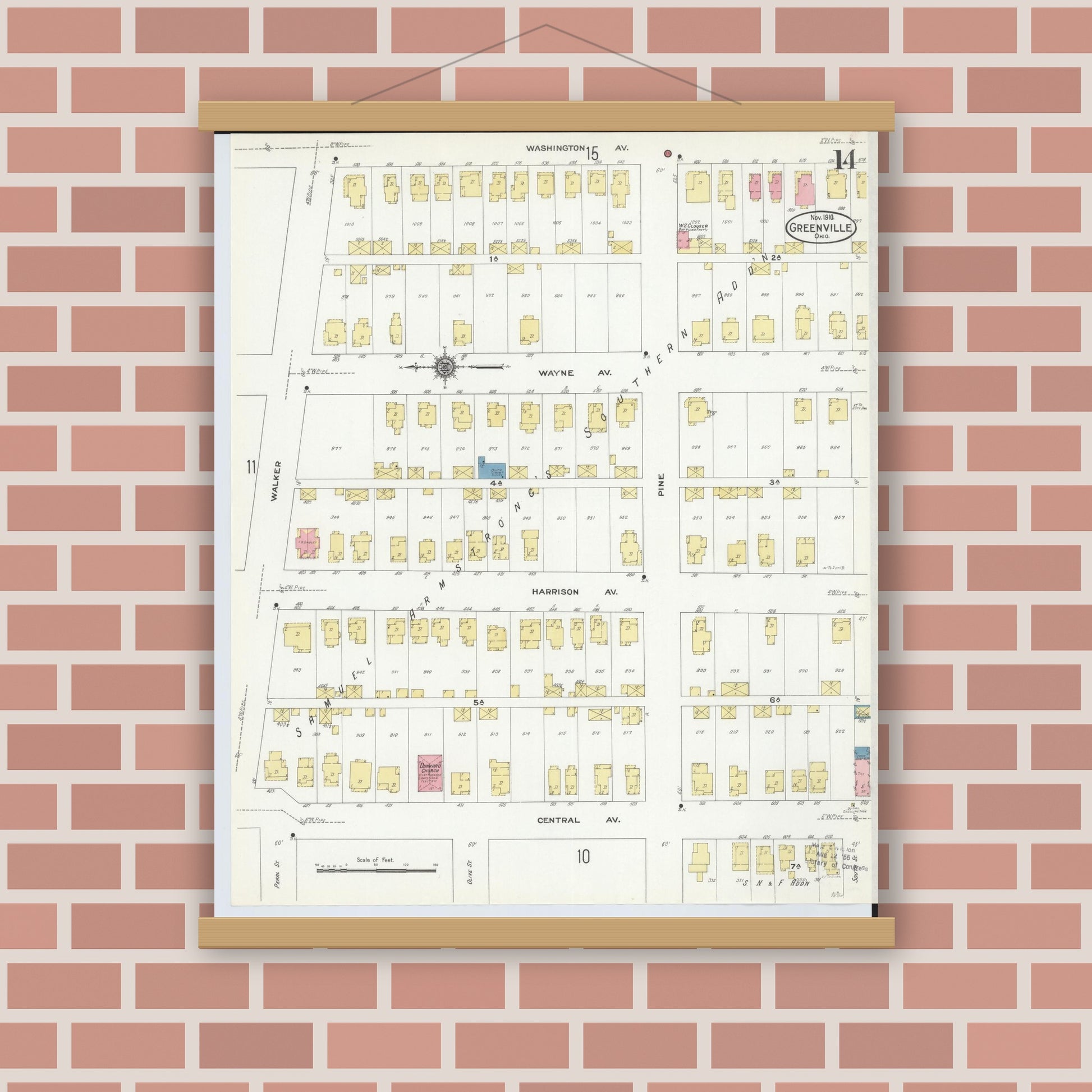 Old map wall art mockup — magnetic wood frame on brick wall — Sanborn Fire Insurance Map from Greenville, Darke County, Ohio (1910), Sheet #0014