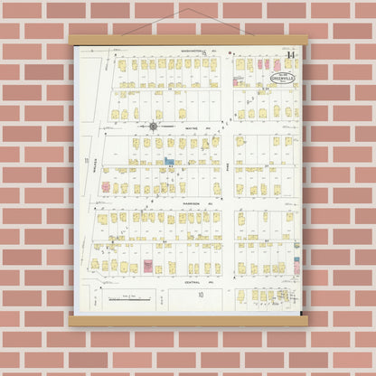 Old map wall art mockup — magnetic wood frame on brick wall — Sanborn Fire Insurance Map from Greenville, Darke County, Ohio (1910), Sheet #0014