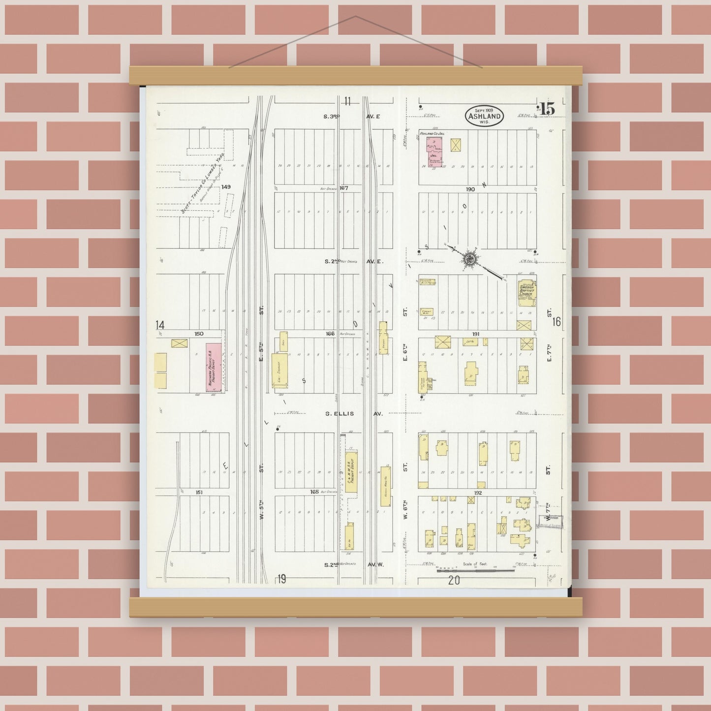 Old map wall art mockup — magnetic wood frame on brick wall — Sanborn Fire Insurance Map from Ashland, Ashland County, Wisconsin (1909), Sheet #0015