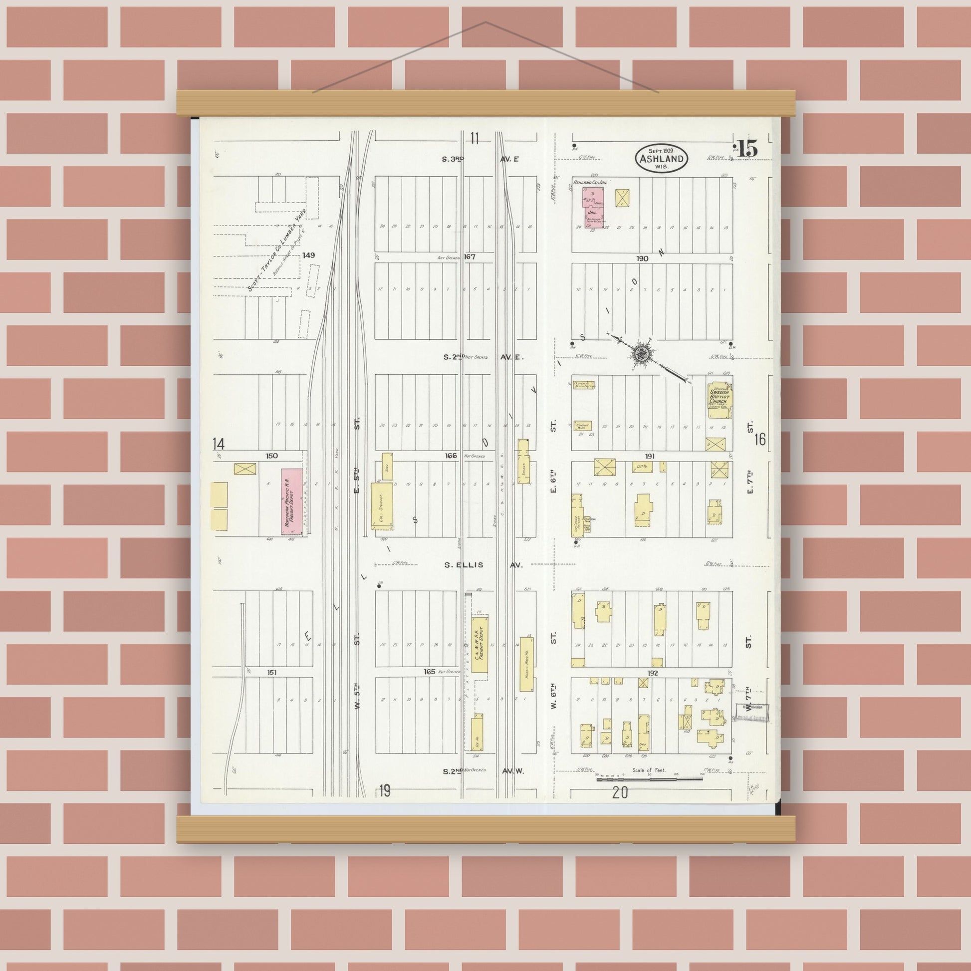 Old map wall art mockup — magnetic wood frame on brick wall — Sanborn Fire Insurance Map from Ashland, Ashland County, Wisconsin (1909), Sheet #0015
