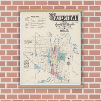 Old map wall art mockup — magnetic wood frame on brick wall — Sanborn Fire Insurance Map from Watertown, Jefferson County, Wisconsin (1884) - Complete Map Set