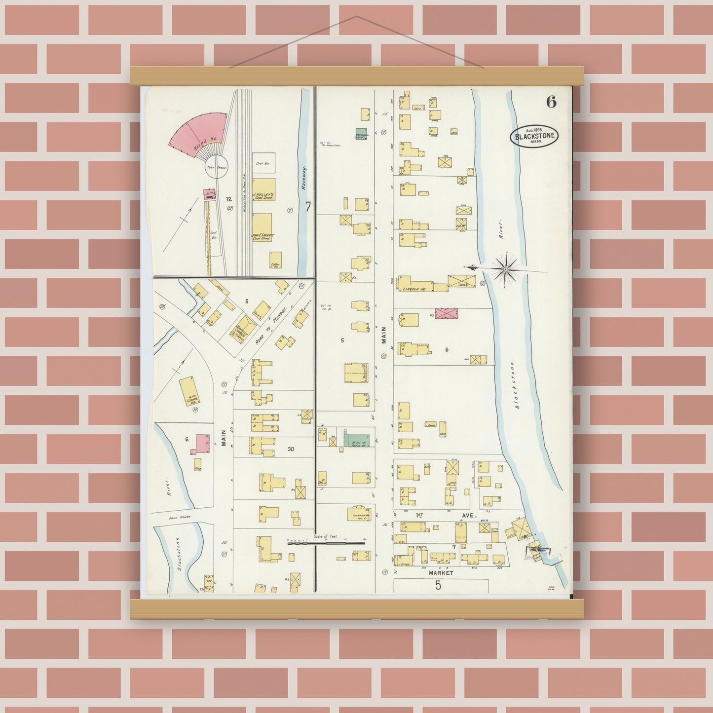 Old map wall art mockup — magnetic wood frame on brick wall — Sanborn Fire Insurance Map from Blackstone, Worcester County, Massachusetts (1898), Sheet #0006