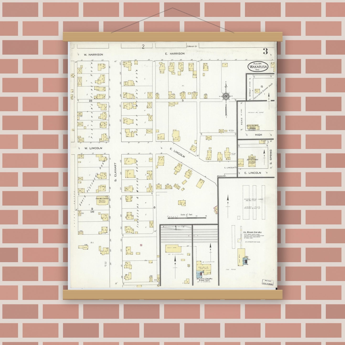 Old map wall art mockup — magnetic wood frame on brick wall — Sanborn Fire Insurance Map from Wakarusa, Elkhart County, Indiana (1914), Sheet #0003