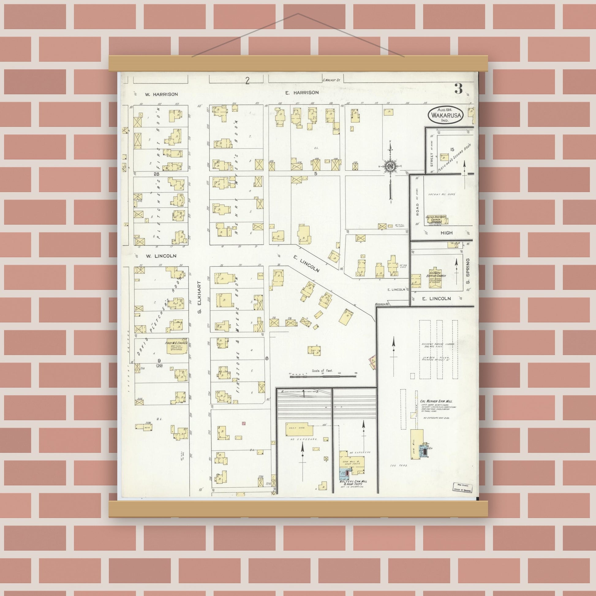 Old map wall art mockup — magnetic wood frame on brick wall — Sanborn Fire Insurance Map from Wakarusa, Elkhart County, Indiana (1914), Sheet #0003