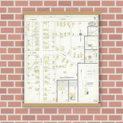 Old map wall art mockup — magnetic wood frame on brick wall — Sanborn Fire Insurance Map from Wakarusa, Elkhart County, Indiana (1914), Sheet #0003