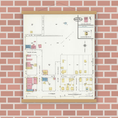 Old map wall art mockup — magnetic wood frame on brick wall — Sanborn Fire Insurance Map from Mineral Wells, Palo Pinto County, Texas (1921), Sheet #0003