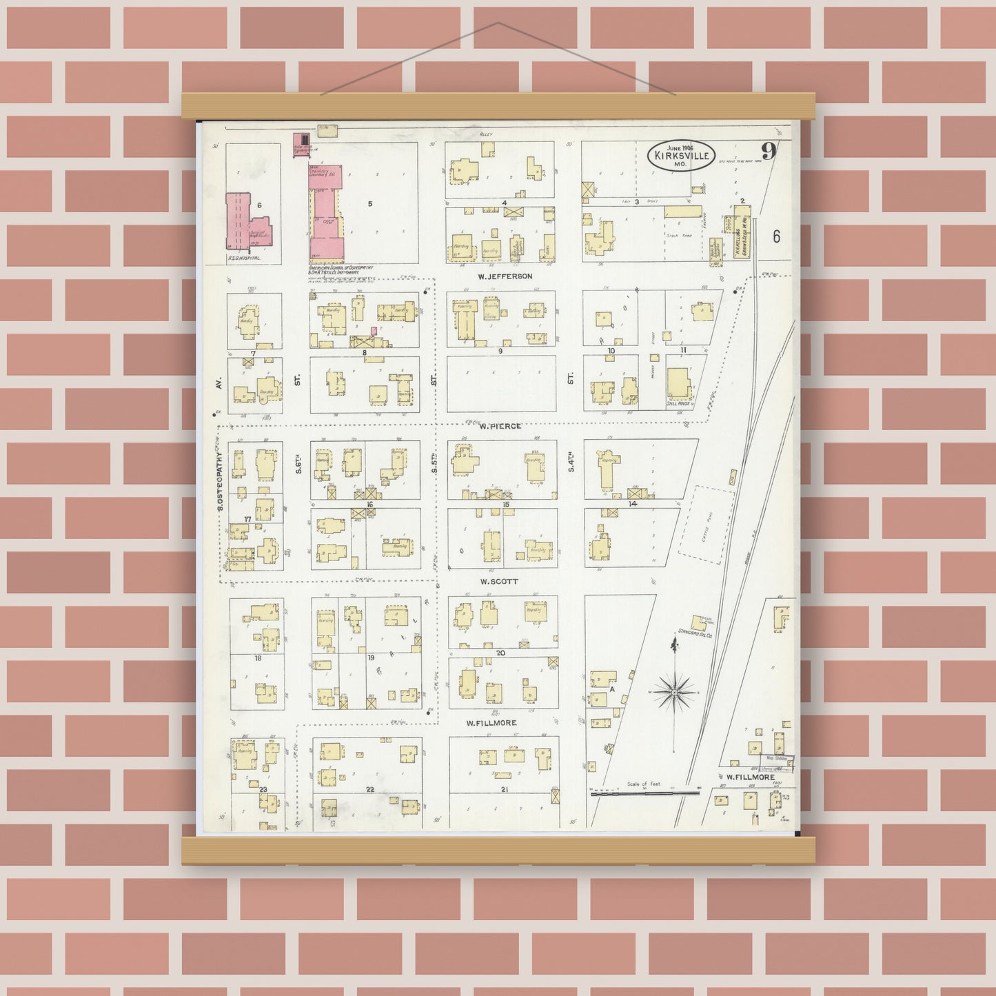 Old map wall art mockup — magnetic wood frame on brick wall — Sanborn Fire Insurance Map from Kirksville, Adair County, Missouri (1906), Sheet #0009