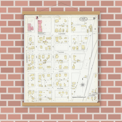 Old map wall art mockup — magnetic wood frame on brick wall — Sanborn Fire Insurance Map from Kirksville, Adair County, Missouri (1906), Sheet #0009