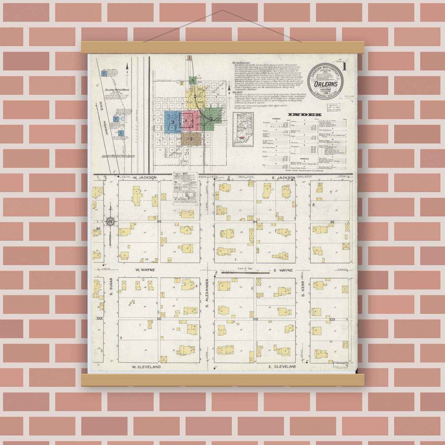 Old map wall art mockup — magnetic wood frame on brick wall — Sanborn Fire Insurance Map from Orleans, Orange County, Indiana (1916), Sheet #0001
