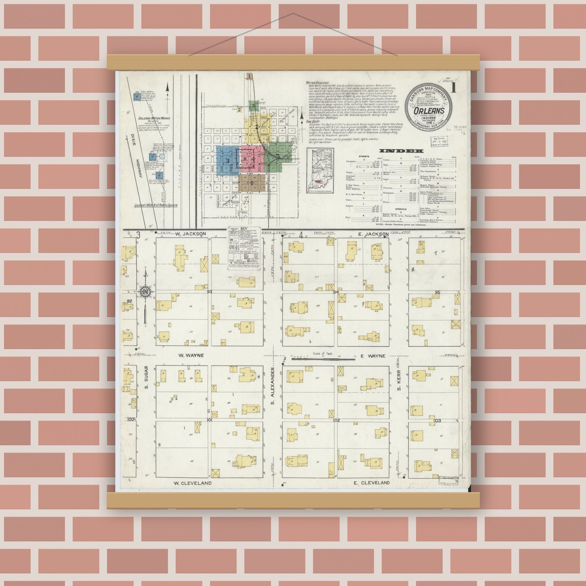Old map wall art mockup — magnetic wood frame on brick wall — Sanborn Fire Insurance Map from Orleans, Orange County, Indiana (1916), Sheet #0001