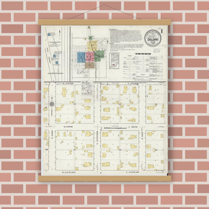 Old map wall art mockup — magnetic wood frame on brick wall — Sanborn Fire Insurance Map from Orleans, Orange County, Indiana (1916), Sheet #0001