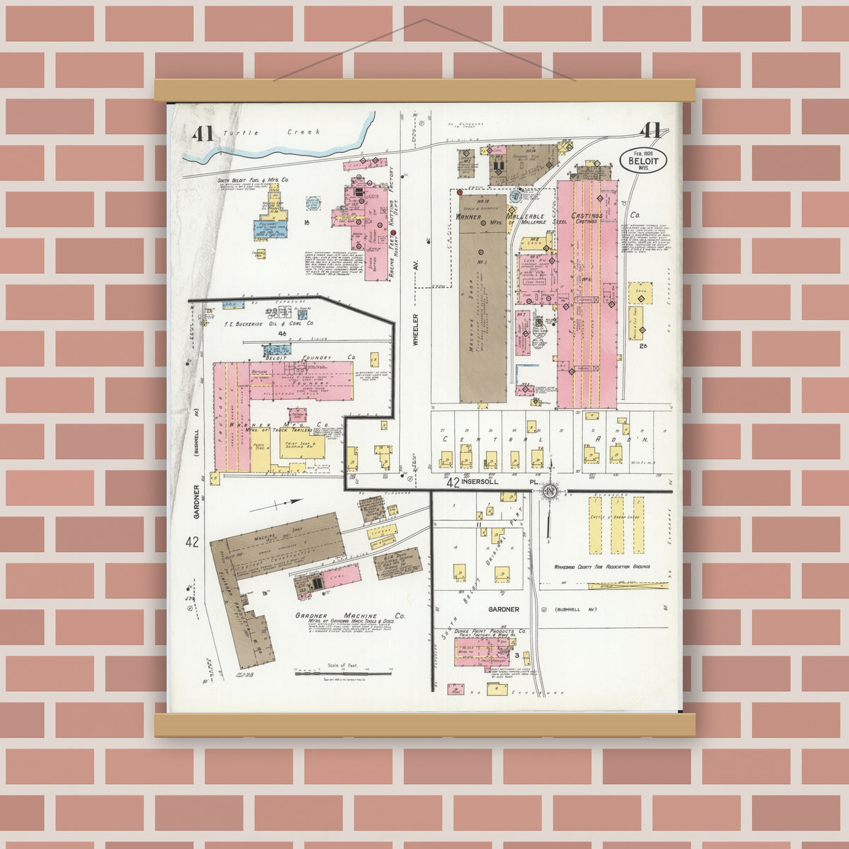 Old map wall art mockup — magnetic wood frame on brick wall — Sanborn Fire Insurance Map from Beloit, Rock County, Wisconsin (1926), Sheet #0041