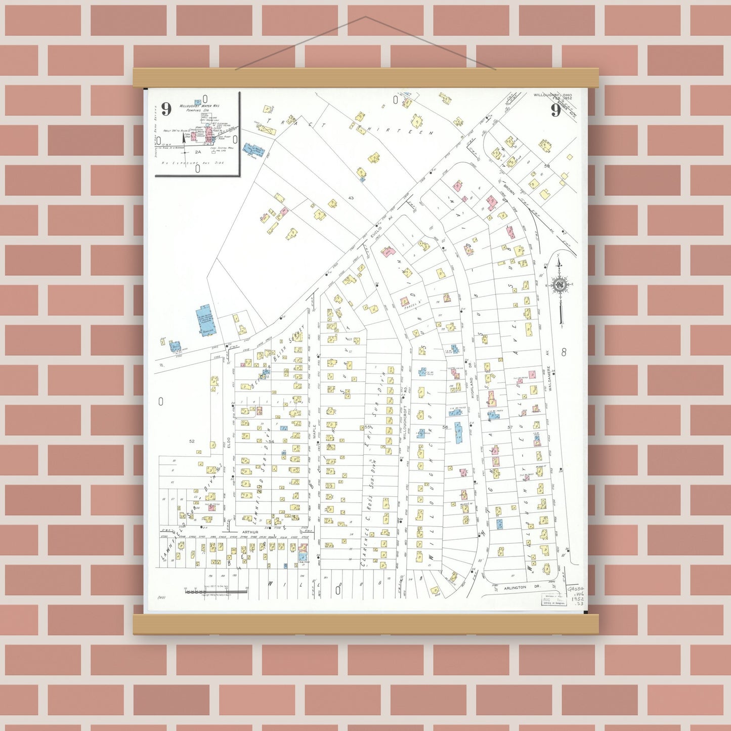 Old map wall art mockup — magnetic wood frame on brick wall — Sanborn Fire Insurance Map from Willoughby, Lake County, Ohio (1952), Sheet #0009