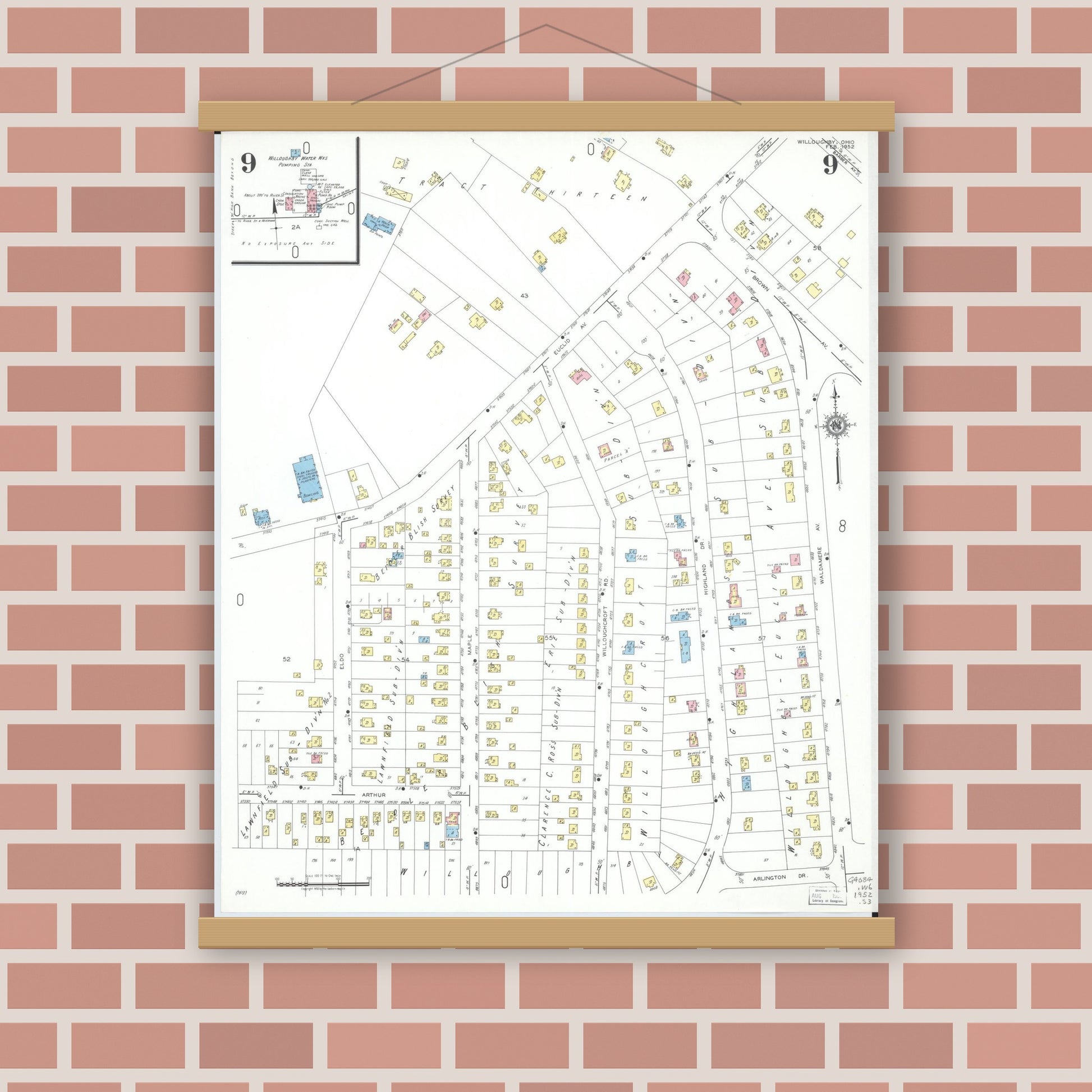 Old map wall art mockup — magnetic wood frame on brick wall — Sanborn Fire Insurance Map from Willoughby, Lake County, Ohio (1952), Sheet #0009