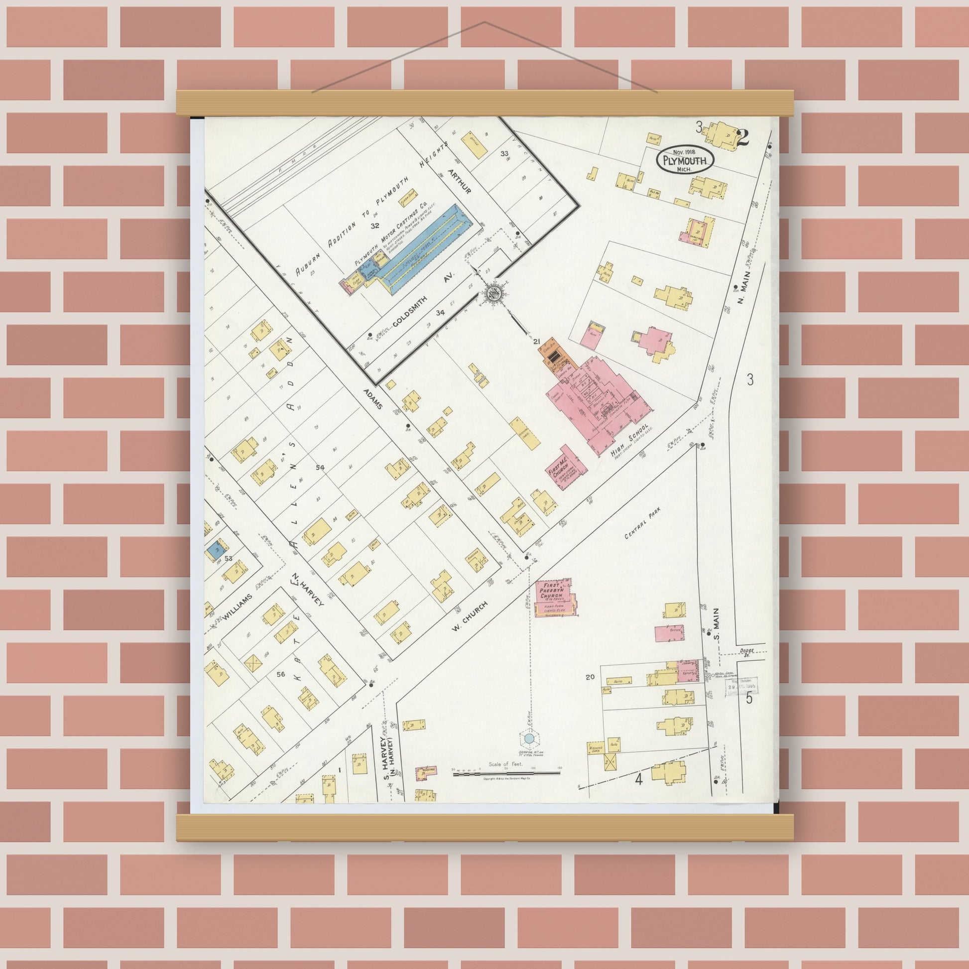 Old map wall art mockup — magnetic wood frame on brick wall — Sanborn Fire Insurance Map from Plymouth, Wayne County, Michigan (1918), Sheet #0002
