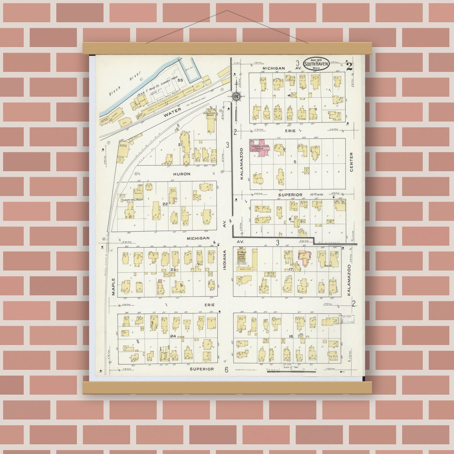 Old map wall art mockup — magnetic wood frame on brick wall — Sanborn Fire Insurance Map from South Haven, Van Buren County, Michigan (1916), Sheet #0002