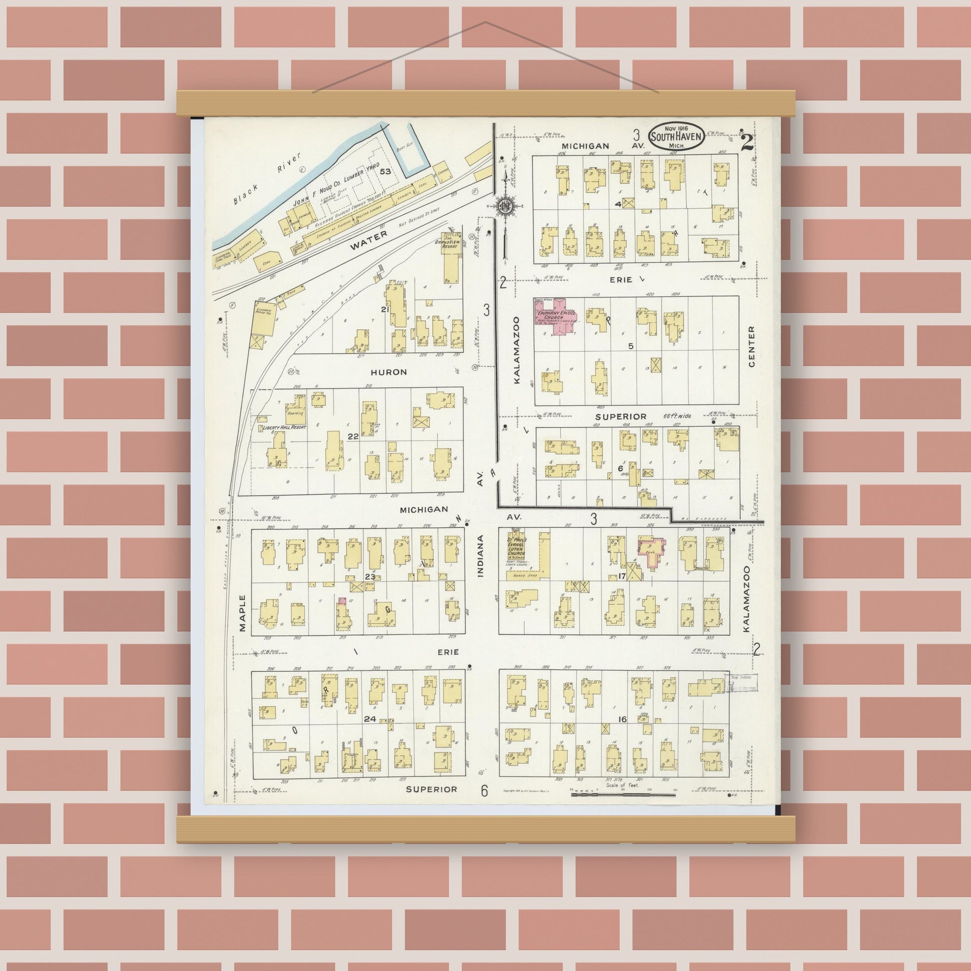 Old map wall art mockup — magnetic wood frame on brick wall — Sanborn Fire Insurance Map from South Haven, Van Buren County, Michigan (1916), Sheet #0002