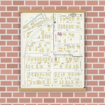 Old map wall art mockup — magnetic wood frame on brick wall — Sanborn Fire Insurance Map from South Haven, Van Buren County, Michigan (1916), Sheet #0002