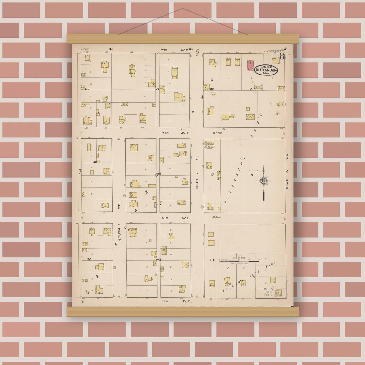 Old map wall art mockup — magnetic wood frame on brick wall — Sanborn Fire Insurance Map from Alexandria, Douglas County, Minnesota (1922), Sheet #0008