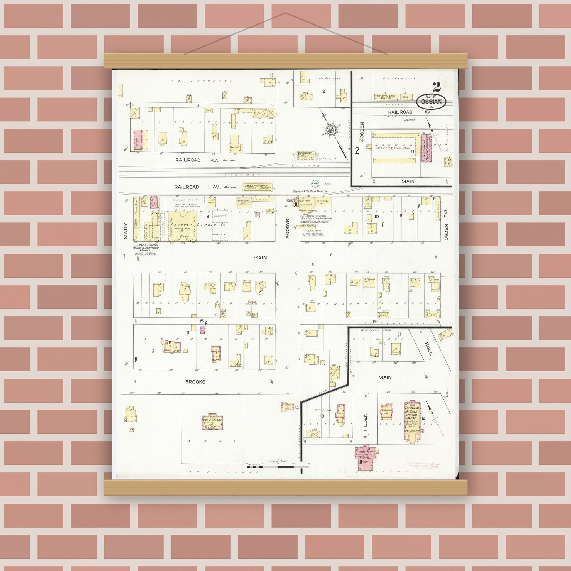 Old map wall art mockup — magnetic wood frame on brick wall — Sanborn Fire Insurance Map from Ossian, Winneshiek County, Iowa (1914), Sheet #0002
