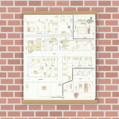 Old map wall art mockup — magnetic wood frame on brick wall — Sanborn Fire Insurance Map from Ossian, Winneshiek County, Iowa (1914), Sheet #0002