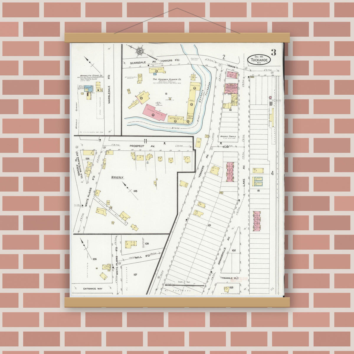 Old map wall art mockup — magnetic wood frame on brick wall — Sanborn Fire Insurance Map from Tuckahoe, Westchester County, New York (1911), Sheet #0003