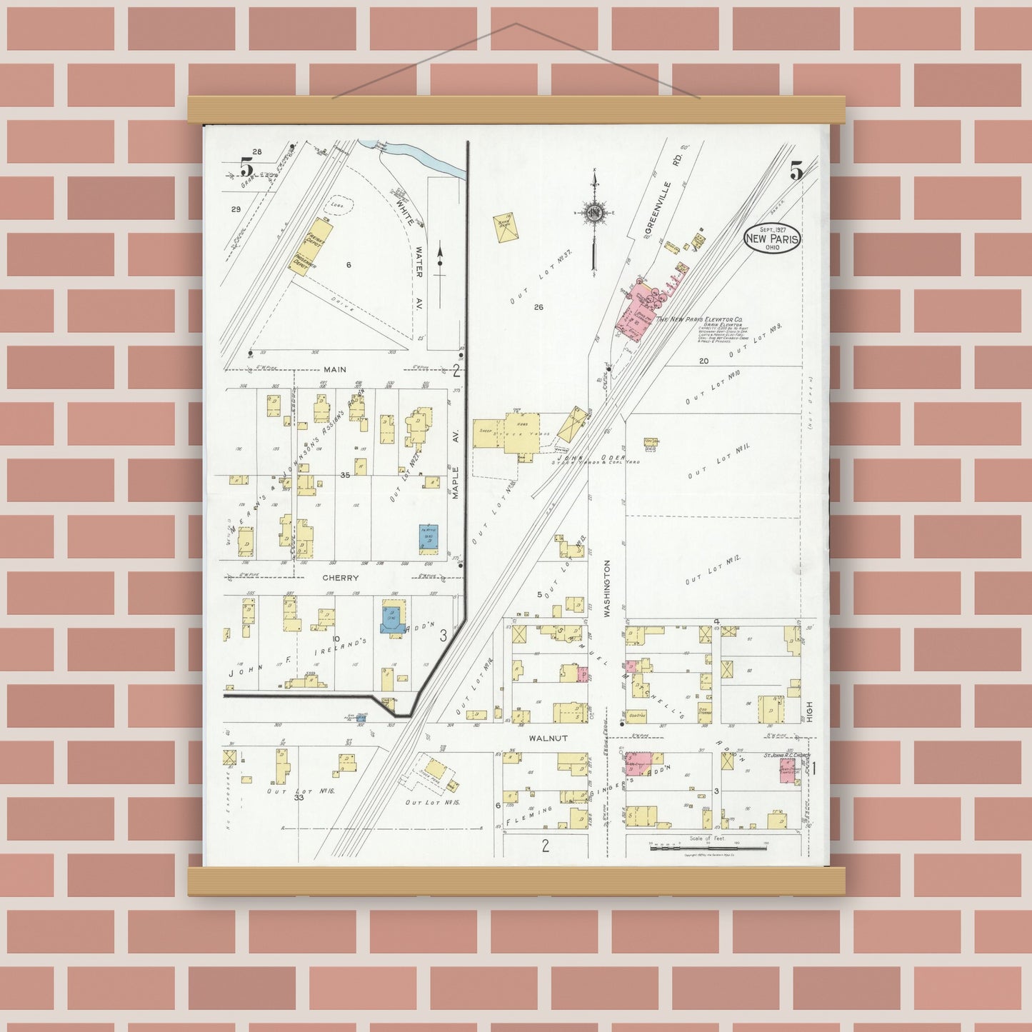 Old map wall art mockup — magnetic wood frame on brick wall — Sanborn Fire Insurance Map from New Paris, Preble County, Ohio (1927), Sheet #0005
