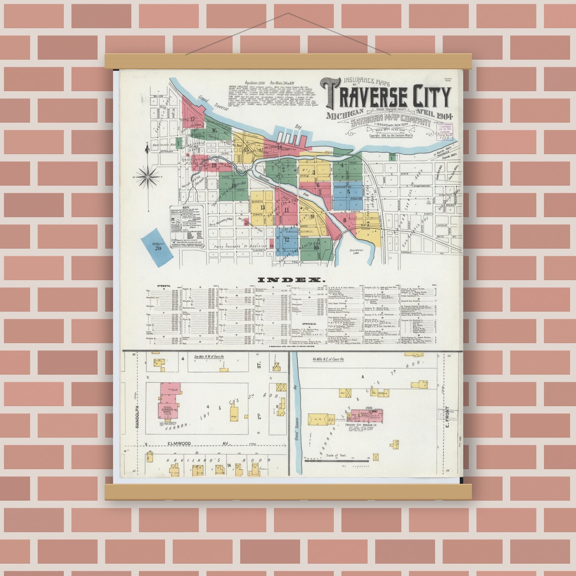 Old map wall art mockup — magnetic wood frame on brick wall — Sanborn Fire Insurance Map from Traverse City, Grand Traverse County, Michigan (1904) - Complete Map Set