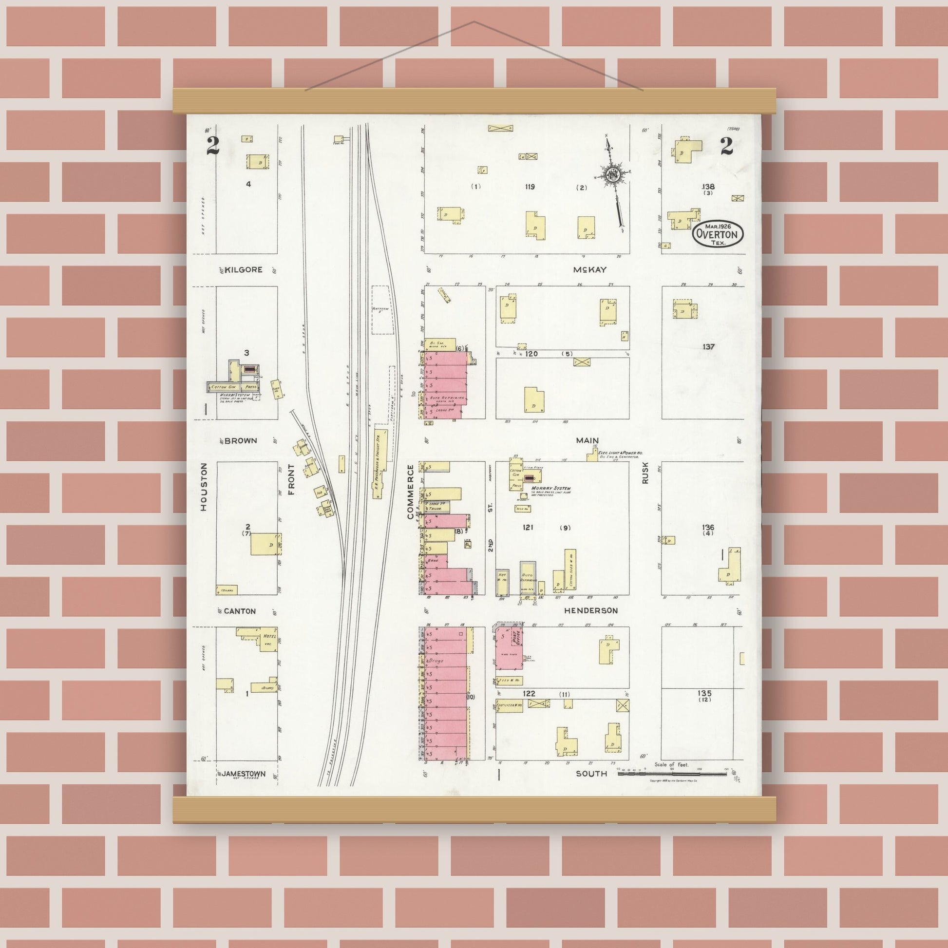 Old map wall art mockup — magnetic wood frame on brick wall — Sanborn Fire Insurance Map from Overton, Rusk County, Texas (1926), Sheet #0002