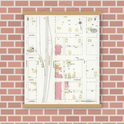 Old map wall art mockup — magnetic wood frame on brick wall — Sanborn Fire Insurance Map from Overton, Rusk County, Texas (1926), Sheet #0002