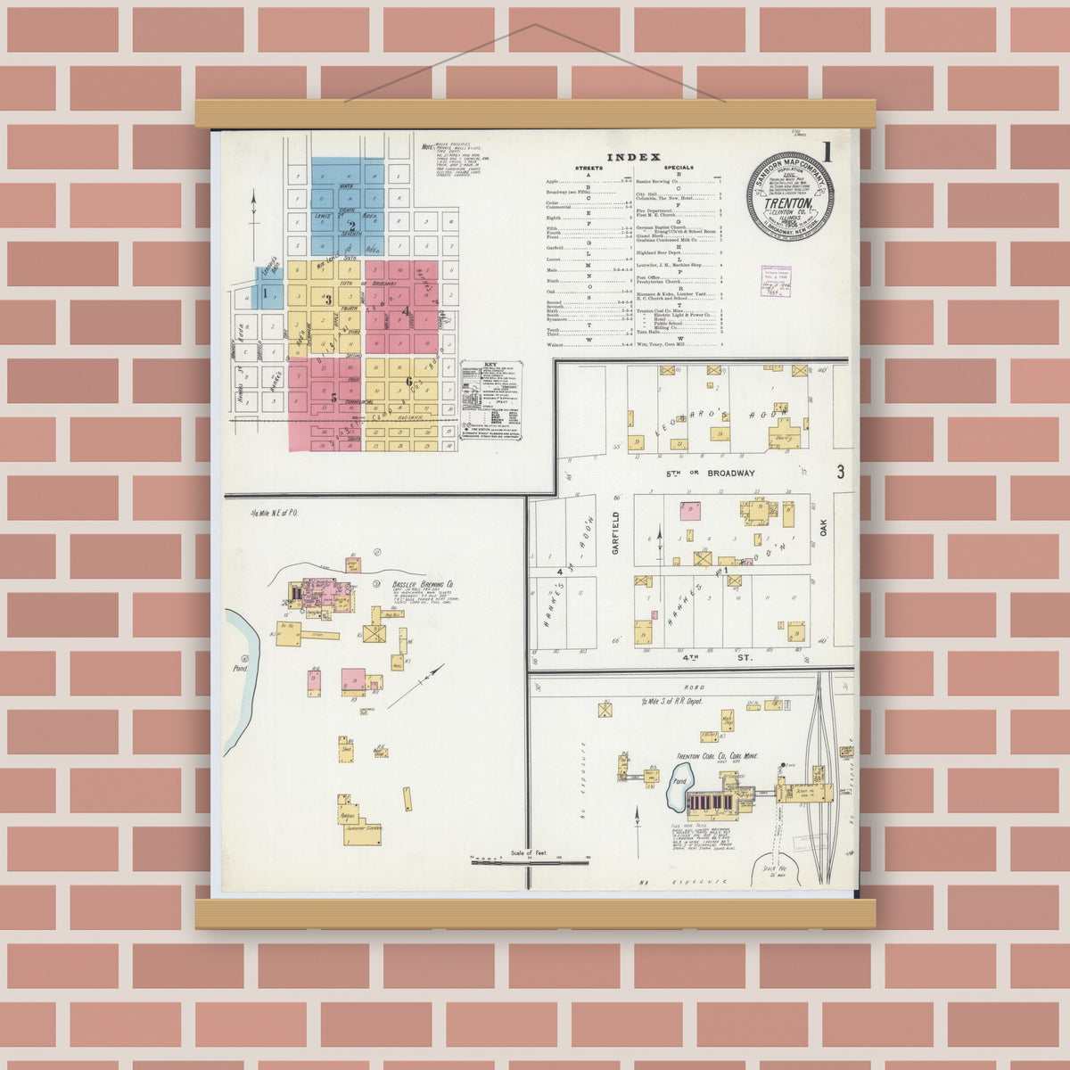 Old map wall art mockup — magnetic wood frame on brick wall — Sanborn Fire Insurance Map from Trenton, Clinton County, Illinois (1906), Sheet #0001