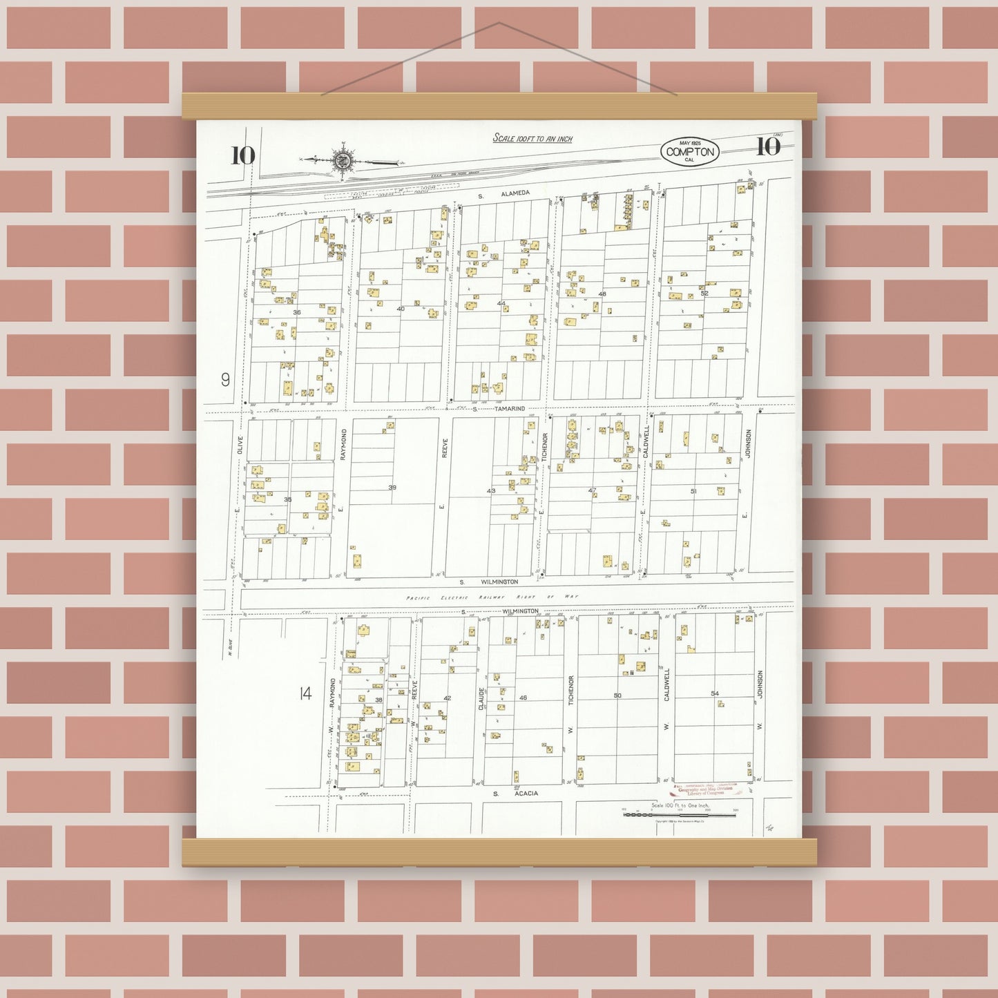 Old map wall art mockup — magnetic wood frame on brick wall — Sanborn Fire Insurance Map from Compton, Los Angeles County, California (1925), Sheet #0010