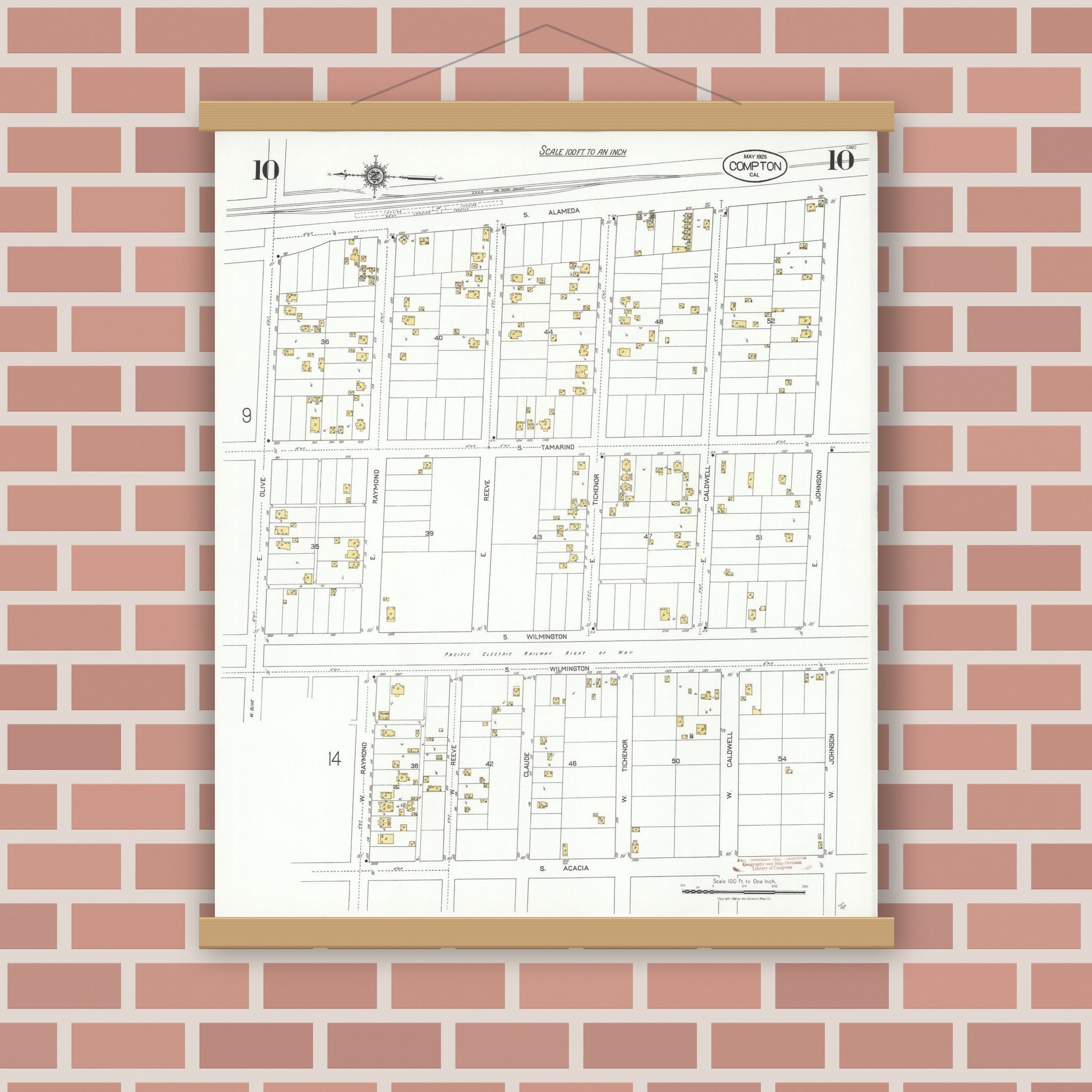 Old map wall art mockup — magnetic wood frame on brick wall — Sanborn Fire Insurance Map from Compton, Los Angeles County, California (1925), Sheet #0010