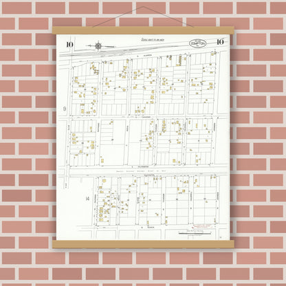 Old map wall art mockup — magnetic wood frame on brick wall — Sanborn Fire Insurance Map from Compton, Los Angeles County, California (1925), Sheet #0010