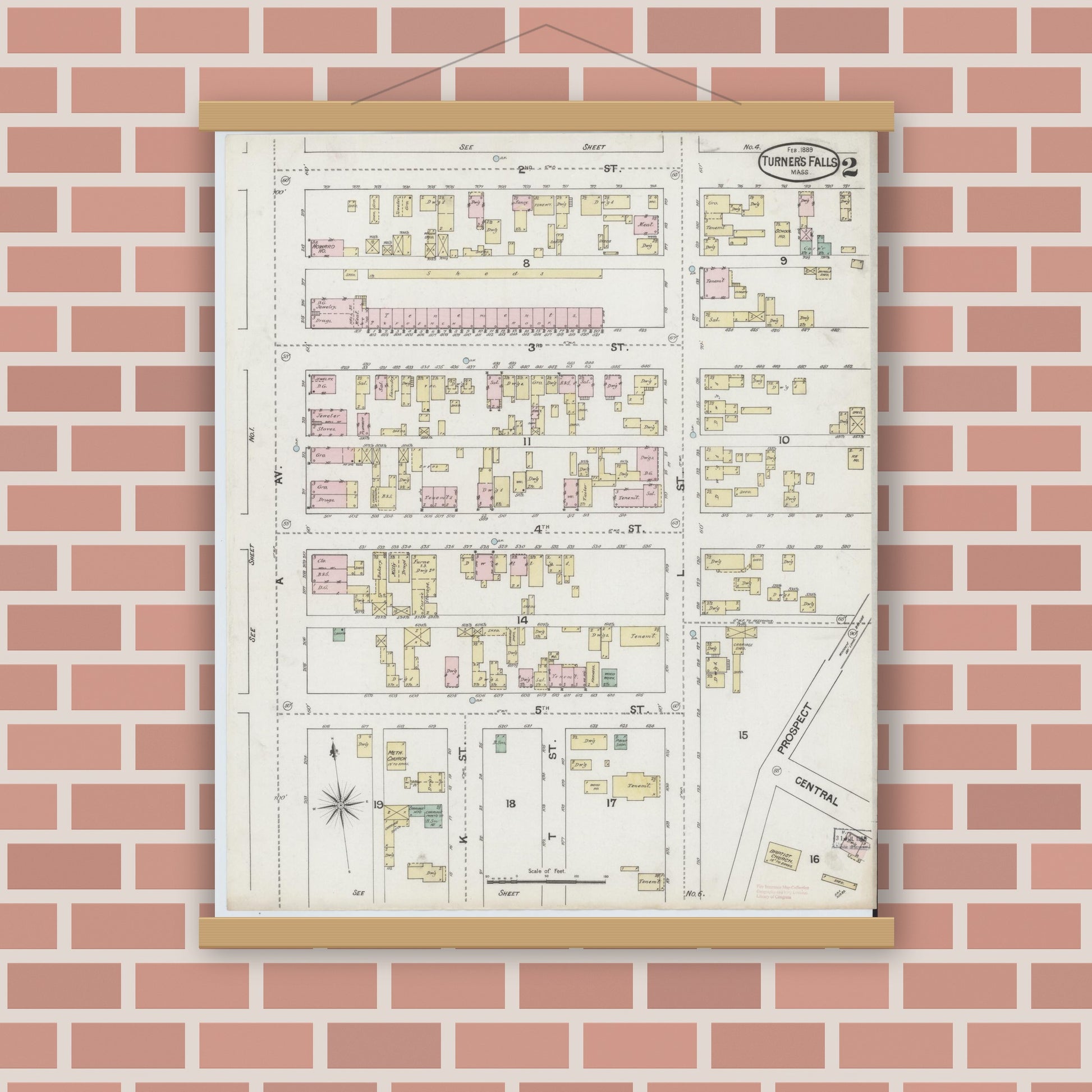 Old map wall art mockup — magnetic wood frame on brick wall — Sanborn Fire Insurance Map from Turners Falls, Franklin County, Massachusetts (1889), Sheet #0002