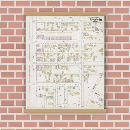 Old map wall art mockup — magnetic wood frame on brick wall — Sanborn Fire Insurance Map from Turners Falls, Franklin County, Massachusetts (1889), Sheet #0002