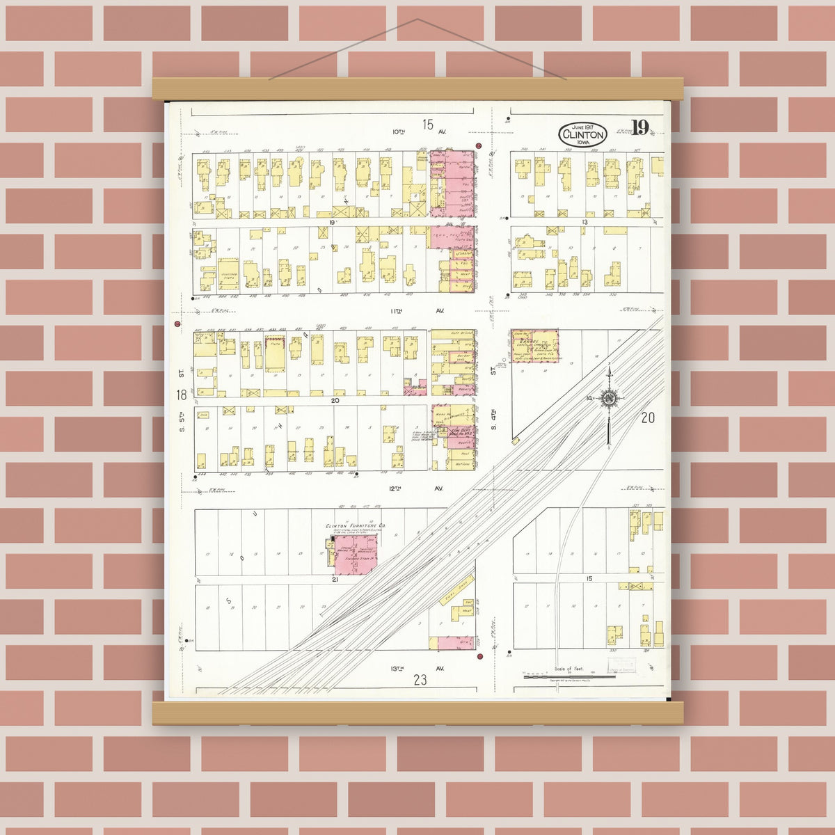Old map wall art mockup — magnetic wood frame on brick wall — Sanborn Fire Insurance Map from Clinton, Clinton County, Iowa (1917), Sheet #0019