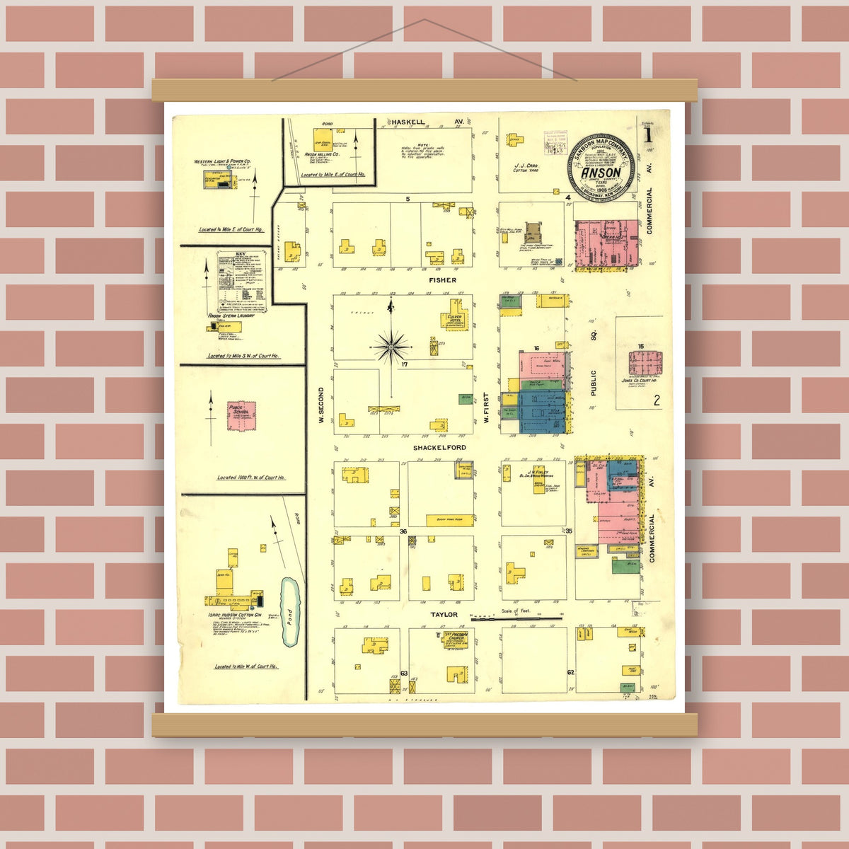 Old map wall art mockup — magnetic wood frame on brick wall — Sanborn Fire Insurance Map from Anson, Jones County, Texas (1908), Sheet #0001