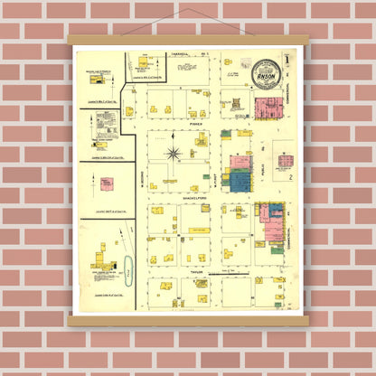 Old map wall art mockup — magnetic wood frame on brick wall — Sanborn Fire Insurance Map from Anson, Jones County, Texas (1908), Sheet #0001