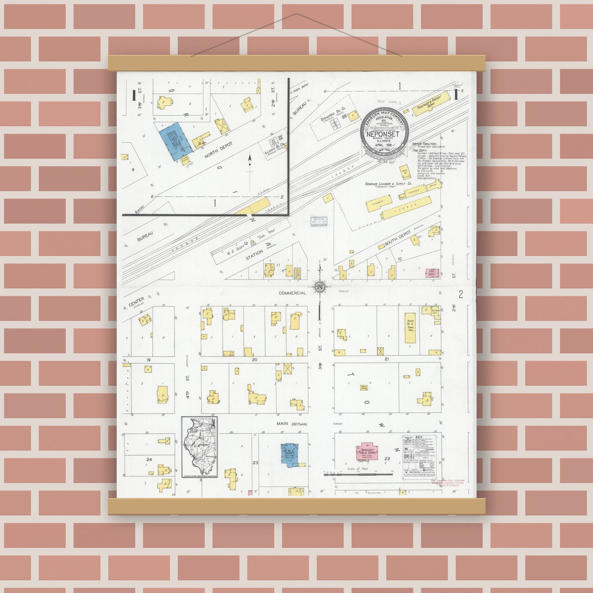 Old map wall art mockup — magnetic wood frame on brick wall — Sanborn Fire Insurance Map from Neponset, Bureau County, Illinois (1928), Sheet #0001
